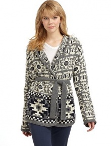 THE LOOKFair Isle designHooded styleTie-belt waistLong sleevesTHE FITAbout 30 from shoulder to hemTHE MATERIALVirgin wool/cashmereCARE & ORIGINHand wash or dry cleanImportedModel shown is 5'9 (175cm) wearing US size Small. 