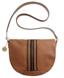 This unique design by R&Em perfectly combines a western silhouette with city-chic detailing. A saddle-inspired shape is detailed with black and goldtone zipper embellishment and a signature charm at handle base. This unique design by R&Em perfectly combines a western silhouette with city-chic detailing. A saddle-inspired shape is detailed with black and goldtone zipper embellishment and a signature charm at handle base.