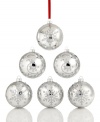 Frosty glow. This set of 6 Holiday Lane ornaments sparkle upon your tree with a shiny silver ground and white glitter scroll, dot and snowflake designs.