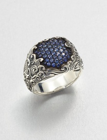 A cluster of pave sapphires set in finely detailed sterling silver.Sterling silverSapphiresAbout .75 diameterImported A cluster of pave sapphires set in finely detailed sterling silver.Sterling silverSapphiresAbout .75 diameterImported