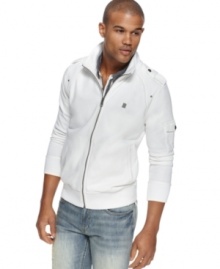Give your style an overhaul of sport and urban style with this lightweight track jacket from Marc Ecko Cut & Sew. Give your style an overhaul of sport and urban style with this lightweight track jacket from Marc Ecko Cut & Sew.