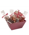 Put a little spice in someone's life with this Red Hot gift basket from Torn Ranch. This specialty collection features a Southwest nut mix, Cajun nut mix, Cajun peanuts, a hot & spicy nut mix, one bar of chocolate spiced with Italian chili pepper and one canister of 6 spiced chocolate disks for the ultimate sweet and spicy experience.