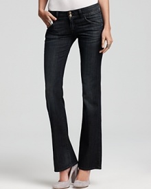 Slung low on the hips, these subtly faded Hudson bootcut jeans evoke a too-cool rocker vibe.