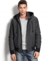 This sleek American Rag hooded jacket offers lots of warmth with minimum bulk.