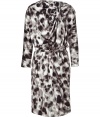 Channel classic elegance with a modern twist in this luxe Salvatore Ferragamo silk dress - Draped neckline with cascading fabric detail, long sleeves, detachable belt, all-over animal print with logo detail - Pair with sheer stockings, platform heels, and a fur bolero
