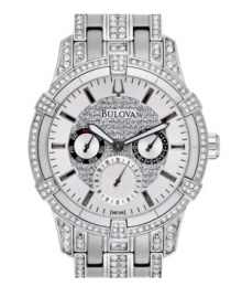 Luxury and nothing less. Crystal-bedecked watch by Bulova crafted of stainless steel bracelet and round case embellished with 164 crystal accents. White dial with crystal-accented inner dial features applied silver tone stick indices, black minute track, three multifunctional subdials, two luminous hands and logo. Quartz movement. Water resistant to 30 meters. Three-year limited warranty.