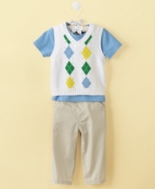 Start his scholarly style early in this preppy tee shirt, sweater vest and pant set from First Impressions. Start his scholarly style early in this preppy tee shirt, sweater vest and pant set from First Impressions.