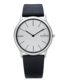 Get there in the nick of time with the ultra-slim design of this modern watch by Skagen Denmark. Black croc-embossed leather strap and round stainless steel case. Silver tone dial features black stick indices, two hands and logo. Quartz movement. Water resistant to 30 meters. Limited lifetime warranty. Get there in the nick of time with the ultra-slim design of this modern watch by Skagen Denmark. Black croc-embossed leather strap and round stainless steel case. Silver tone dial features black stick indices, two hands and logo. Quartz movement. Water resistant to 30 meters. Limited lifetime warranty.