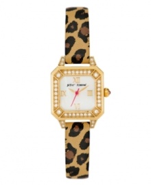 Show off your wild side with this fierce watch by the one and only Betsey Johnson. Brown and black leopard print leather strap and square gold tone stainless steel case. Bezel embellished with crystal accents. White mother-of-pearl dial features gold tone Roman numerals at twelve, three, six and nine o'clock, gold tone hour and minute hands, fuchsia second hand and logo. Quartz movement. Water resistant to 30 meters. Two-year limited warranty.