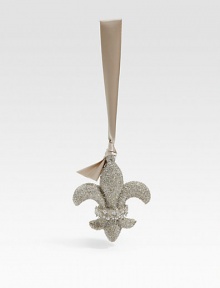 A majestic Fleur de Lis in sparkling glass glitter, accented with delicate beads and suspended from a luxe ribbon loop.Satin ribbon loopGlass glitterBeaded trim4 X 3.5 X 1Handmade in USA A majestic Fleur de Lis in sparkling glass glitter, accented with delicate beads and suspended from a luxe ribbon loop.Satin ribbon loopGlass glitterBeaded trim4 X 3.5 X 1Handmade in USA