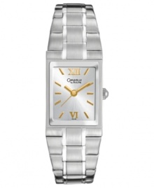A square design gets a stylish twist with golden hues on this Caravelle by Bulova watch. A square design gets a stylish twist with golden hues on this Caravelle by Bulova watch.
