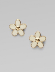 A sweet, delicate floral design to adorn the ears.Epoxy Plated brass Diameter, about ½ 14K gold filled post backs Imported A sweet, delicate floral design to adorn the ears.Epoxy Plated brass Diameter, about ½ 14K gold filled post backs Imported