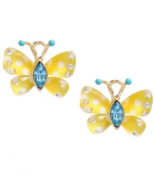 Get girly in Betsey Johnson's glam style. These sweet stud earrings feature delicate butterflies in blue and yellow enamel with sparkling crystal accents. Set in gold-plated mixed metal. Approximate diameter: 5/8 inch.