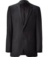 Elegant jacket made ​.​.of fine, black textured virgin wool - Comfortable lightweight and flattering top quality - Classic, chic, a basic for any wardrobe - New: deep, narrow cut lapels - Single breasted with two buttons - Two flap pockets and a chest pocket - Straight cut, slightly longer torso - The perfect jacket for the office and afterwards - To complete the look, wear with a dress shirt, classic trousers