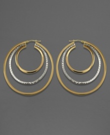Add sparkling dimension to your ears with these chic triple-hoop earrings. In 14k gold and sterling silver; measures approximately 2 inches in diameter. Add sparkling dimension to your ears with these chic triple-hoop earrings. In 14k gold and sterling silver; measures approximately 2 inches in diameter.