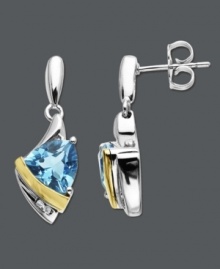 Add a hint of the abstract to your look. Modernistic earrings feature trilliant-cut blue topaz (2-9/10 ct. t.w.) and sparkling diamond accents. Crafted in sterling silver with a luminous strip of 14k gold. Approximate drop: 3/4 inch. Add a hint of the abstract to your look. Modernistic earrings feature trilliant-cut blue topaz (2-9/10 ct. t.w.) and sparkling diamond accents. Crafted in sterling silver with a luminous strip of 14k gold. Approximate drop: 3/4 inch.