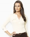 This soft cotton Lauren by Ralph Lauren top features a chic split neckline and rolled sleeves for classic polish.