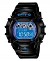 Take on the night with this tough yet sweet watch from Baby-G. Crafted of black resin strap and round case. Blue logo at bezel. Neon purple, shock-resistant, digital display dial features EL backlight, world time, four daily alarms and snooze option, hourly time signal, stopwatch, countdown timer and 12/24-hour formats. Quartz movement. Water resistant to 100 meters. One-year limited warranty.