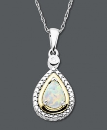 A timeless keepsake for the October birthday. This teardrop-shaped pendant features an iridescent opal (3/8 ct. t.w.), a sparkling diamond accent and a 14k gold and sterling silver setting. Approximate length: 18 inches. Approximate drop: 1 inch. A timeless keepsake for the October birthday. This teardrop-shaped pendant features an iridescent opal (3/8 ct. t.w.), a sparkling diamond accent and a 14k gold and sterling silver setting. Approximate length: 18 inches. Approximate drop: 1 inch.