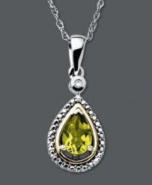 The perfect hue for a special summer birthday. August's birthstone is the peridot, and this teardrop-shaped gemstone (3/4 ct. t.w.) really makes a statement. Crafted in sterling silver and 14k gold setting with a sparkling diamond accent. Approximate length: 18 inches. Approximate drop: 1 inch. The perfect hue for a special summer birthday. August's birthstone is the peridot, and this teardrop-shaped gemstone (3/4 ct. t.w.) really makes a statement. Crafted in sterling silver and 14k gold setting with a sparkling diamond accent. Approximate length: 18 inches. Approximate drop: 1 inch.