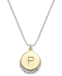 Letter perfection. This sterling silver necklace holds a pendant set in 14k gold and sterling silver plated topped with a P and adorned with crystal for a stunning statement. Approximate length: 18 inches. Approximate drop: 7/8 inch. Approximate drop width: 5/8 inch. Letter perfection. This sterling silver necklace holds a pendant set in 14k gold and sterling silver plated topped with a P and adorned with crystal for a stunning statement. Approximate length: 18 inches. Approximate drop: 7/8 inch. Approximate drop width: 5/8 inch.