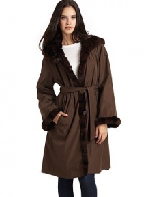 THE LOOKHooded styleSmooth polyester side reverses to plush rabbit fur designFront button-and-loop closuresSmooth side has dual angled welt pocketsRemovable tie-front beltLong bell sleevesTHE FITAbout 39 from shoulder to hemTHE MATERIALSide 1: PolyesterSide 2: Dyed rabbit furCARE & ORIGINDry clean by fur specialistImportedFur origin: ChinaModel shown is 5'9½ (176cm) wearing US size Small. THE LOOKHooded styleSmooth polyester side reverses to plush rabbit fur designFront button-and-loop closuresSmooth side has dual angled welt pocketsRemovable tie-front beltLong bell sleevesTHE FITAbout 39 from shoulder to hemTHE MATERIALSide 1: PolyesterSide 2: Dyed rabbit furCARE & ORIGINDry clean by fur specialistImportedFur origin: ChinaModel shown is 5'9½ (176cm) wearing US size Small.
