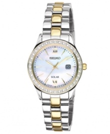 Illuminate your look with this glistening Solar-powered watch from Seiko. Illuminate your look with this glistening Solar-powered watch from Seiko.