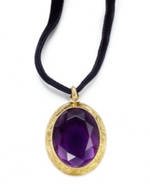 Make any getaway a glamorous one with Lauren by Ralph Lauren's Bedford Weekend pendant necklace. A velvet ribbon suspends a stunning pendant with gold-tone details and a purple glass stone in the center. Approximate length: 18 inches + 2-inch extender. Approximate drop: 2 inches.