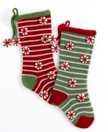 Knitted peppermints and stripes in this adorable Christmas stocking give any holiday setting a homespun feel. From Jabara.