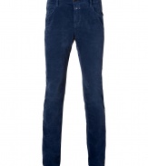 Work a modern edge into your everyday casual essentials with Closeds soft blue stretch velvet trousers - Flat front, classic five-pocket style, button closure, belt loops - Contemporary straight slim leg - Wear with tees and edgy knits, or with casual button-downs and kick-around boots