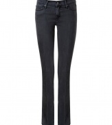 The ultimate must-have, these luxe jeans from It denim brand Mother are the favorite of the fashion flock - Classic five-pocket styling, stylishly faded washed black-grey denim, straight leg - Form-fitting - Style with a silk button-down, a blazer, heels and a leather tote for work