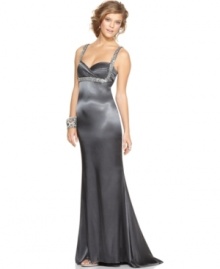 Look like Prom royalty with this beaded Morgan long gown - an open back adds eye-catching appeal! Look like Prom royalty with this beaded Morgan long gown - an open back adds eye-catching appeal!