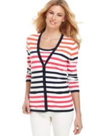 A striped V-neck cardigan is a classic spring staple, from Jones New York Signature. Pair it with the matching tank top and make a twinset! A striped V-neck cardigan is a classic spring staple, from Jones New York Signature. Pair it with the matching tank top and make a twinset!