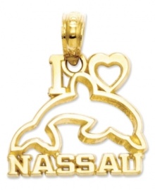Cherish the beautiful capital of the Bahamas! Carved of 14k gold, this charm reads I (Heart) Nassau and features a graceful dolphin silhouette. Chain not included. Approximate drop length: 7/10 inch. Approximate drop width: 3/5 inch. Cherish the beautiful capital of the Bahamas! Carved of 14k gold, this charm reads I (Heart) Nassau and features a graceful dolphin silhouette. Chain not included. Approximate drop length: 7/10 inch. Approximate drop width: 3/5 inch.