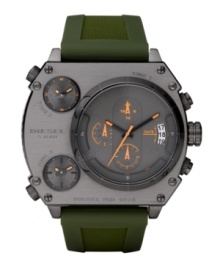 At ease, captain. You're running the show with this military-inspired watch by Diesel. Green silicone strap and round gunmetal ion-plated stainless steel case. Largest of three gunmetal dials features date window and three chronograph subidials and two additional dials feature orange stick indices and accents. Quartz movement. Water resistant to 100 meters. Two-year limited warranty.