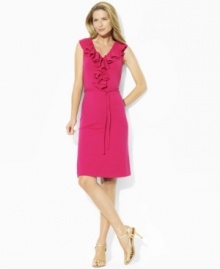 Imbued with breezy, warm-weather style, Lauren by Ralph Lauren's dress is crafted from soft stretch Pima cotton with a self-tie belt and airy ruffles at the placket for a flirty flair.