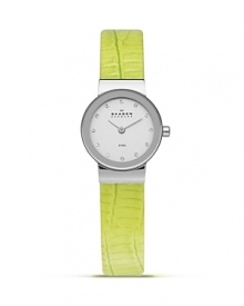 Add a sleek shot of color to your look with this watch from Skagen. Accented by a bold yellow leather band, it boasts an understated silhouette and advanced Japanese quartz movement for the perfect fusion of form and function.