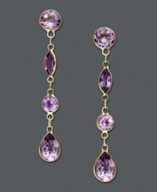For a look fit for a queen -- try some regal hues! Round, pear, and marquise-cut amethyst gemstones (2-7/8 ct. t.w.) add royal shine in a 14k gold setting. Approximate drop: 2 inches. For a look fit for a queen -- try some regal hues! Round, pear, and marquise-cut amethyst gemstones (2-7/8 ct. t.w.) add royal shine in a 14k gold setting. Approximate drop: 2 inches.