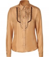 With its marvelous mix of menswear and Western-inspired styling, Etros soft curry silk tuxedo shirt is a chic companion for tailored business looks - Classic collar, long sleeves, buttoned cuffs, button-down front, chocolate velvet and black satin trim - Bust darts, classic straight fit - Team with slim trousers, blazers and flats, or dress up for work with pencil skirts and platform pumps