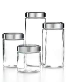 Freshen up. Transform your kitchen with these smart canisters that bring new life to snacks, ingredients and other cooking essentials by trapping in freshness and keeping out moisture and air. An attractive accent for your countertop or pantry, each glass jar has a stainless steel screw-top lid. Limited lifetime warranty. Freshen up. Transform your kitchen with these smart canisters that bring new life to snacks, ingredients and other cooking essentials by trapping in freshness and keeping out moisture and air. An attractive accent for your countertop or pantry, each glass jar has a stainless steel screw-top lid. Limited lifetime warranty.