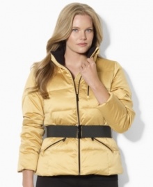 A modernized classic, Lauren Ralph Lauren's plus size mockneck down jacket is given a chic belt for a slimming and stylish look.