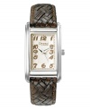 Feminine and chic, this woven leather strap watch from Caravelle by Bulova is sure to be a casual favorite. Brown leather strap. Rectangular silvertone mixed metal case and rectangular white dial with logo and numeral indices. Quartz movement. Water resistant to 30 meters. Two-year limited warranty.