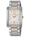 Alternating goldtone and silvertone links frame a sleek rectangular case in this classic Seiko design. Two tone stainless steel bracelet and rectangular case. White dial features a goldtone numeral at twelve o'clock, date window at six o'clock, goldtone stick indices and logo. Analog quartz movement. Water resistant to 30 meters. Three-year limited warranty.