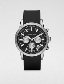 Date display and luminescent markers add style and definition to this classic chronograph timepiece, constructed from stainless steel with a sporty silicone strap bracelet for long-lasting comfort and wearability.Chronograph movementRound bezelWater resistant to 10ATMDate display at 4 o'clockSecond handStainless steel case: 45mm(1.77)Silicone strap braceletImported