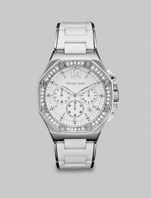 A dazzling Swarovski crystal bezel dresses up this silicone wrapped stainless steel style. Quartz movementWater resistant to 10 ATMHexagon stainless steel case, 41mm (1.6) Swarovski crystal & rivet accented bezelWhite chronograph dialNumeric and bar hour markersDate display between 4 and 5 o'clockSecond hand White silicone wrapped stainless steel link braceletImported A dazzling Swarovski crystal bezel dresses up this silicone wrapped stainless steel style. Quartz movementWater resistant to 10 ATMHexagon stainless steel case, 41mm (1.6) Swarovski crystal & rivet accented bezelWhite chronograph dialNumeric and bar hour markersDate display between 4 and 5 o'clockSecond hand White silicone wrapped stainless steel link braceletImported