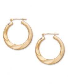 A simple twist on a traditional pair of hoop earrings. Crafted in 14k gold, Signature Gold's™ unique design features a slight cut-out swirl and a sparkling diamond accent. Approximate diameter: 1 inch. A simple twist on a traditional pair of hoop earrings. Crafted in 14k gold, Signature Gold's™ unique design features a slight cut-out swirl and a sparkling diamond accent. Approximate diameter: 1 inch.