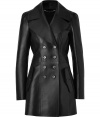 Leather goes ultra-luxe with this 1960s-inspired iteration from Burberry London - Wide lapels, long sleeves, double-breasted, front button placket, flap pockets, fitted bodice, flared bottom, back flap and button detail at hem - Wear with skinny jeans and a cashmere pullover or a fitted cocktail sheath