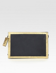 This smooth leather style is simply chic with contrast metallic leather border and a woven zip pull.Top zip closureSuede lining12½W X 8½H X 2½DMade in Italy This smooth leather style is simply chic with contrast metallic leather border and a woven zip pull.Top zip closureSuede lining12½W X 8½H X 2½DMade in Italy