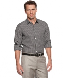 Pattern your workweek look with the simple style of a plaid woven shirt from Perry Ellis.