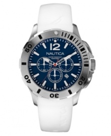 Set sail with this crisp watch by Nautica. White resin strap and round stainless steel case with black numerals at bezel. Blue chronograph dial features large numeral at twelve o'clock, stick indices, minute track, date window, three subdials, luminous hour and minute hands, red second hand and logo. Quartz movement. Water resistant to 100 meters. Five-year limited warranty.